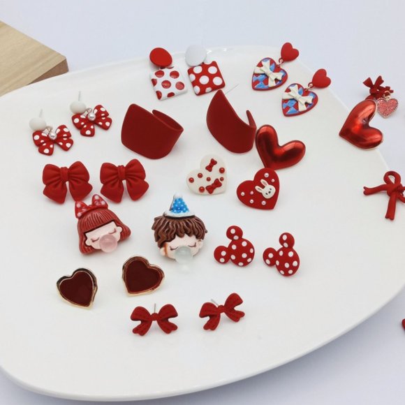 Cute Red & White Polka Dot Disney Mickey Mouse Head Ears Stud Earrings NEW - Picture 4 of 5